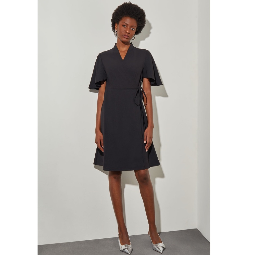 MING WANG: Butterfly Sleeve Crepe de Chine Wrap Dress, Black (NWOT)
